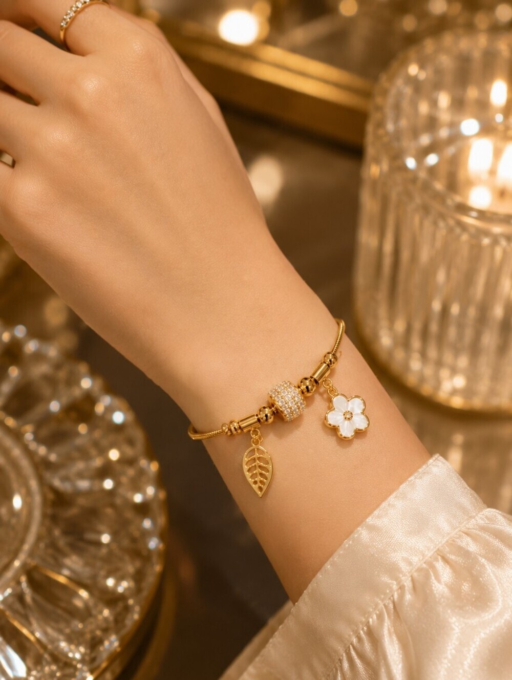 Gold Floral & Leaf Charm Bracelet